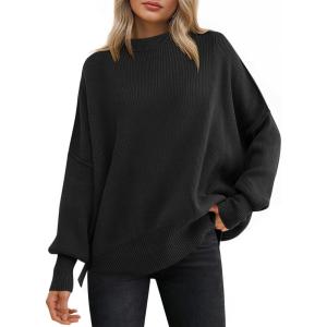 imageANRABESS Women Oversized Sweaters Batwing Long Sleeve 2026 Fall Outfits Crewneck Casual Knit Side Slit Fashion Pullover TopBlack