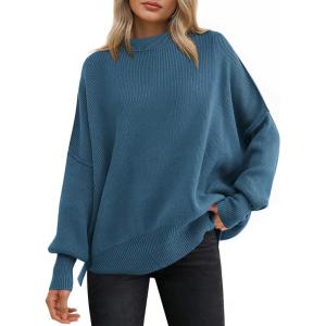 imageANRABESS Women Oversized Sweaters Batwing Long Sleeve 2026 Fall Outfits Crewneck Casual Knit Side Slit Fashion Pullover TopBlue