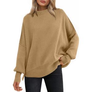imageANRABESS Women Oversized Sweaters Batwing Long Sleeve 2026 Fall Outfits Crewneck Casual Knit Side Slit Fashion Pullover TopDeep Apricot
