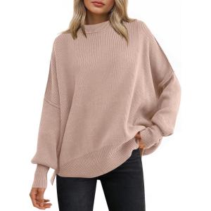 imageANRABESS Women Oversized Sweaters Batwing Long Sleeve 2026 Fall Outfits Crewneck Casual Knit Side Slit Fashion Pullover TopFlush Pink