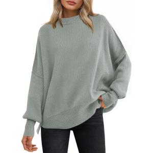 imageANRABESS Women Oversized Sweaters Batwing Long Sleeve 2026 Fall Outfits Crewneck Casual Knit Side Slit Fashion Pullover TopGray