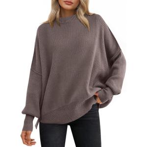 imageANRABESS Women Oversized Sweaters Batwing Long Sleeve 2026 Fall Outfits Crewneck Casual Knit Side Slit Fashion Pullover TopNutmeg