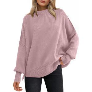 imageANRABESS Women Oversized Sweaters Batwing Long Sleeve 2026 Fall Outfits Crewneck Casual Knit Side Slit Fashion Pullover TopPink