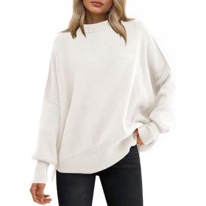 imageANRABESS Women Oversized Sweaters Batwing Long Sleeve 2026 Fall Outfits Crewneck Casual Knit Side Slit Fashion Pullover TopWhite