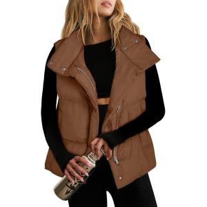 imageANRABESS Women Puffer Vest Sleeveless Zip Up Stand Collar Quilted Lightweight Jacket Winter Warm Puffer Padded Down OuterwearBrown