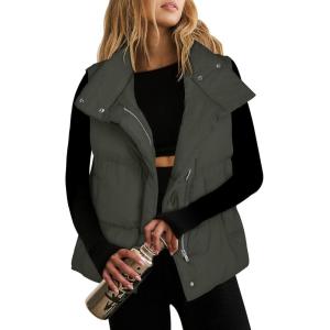 imageANRABESS Women Puffer Vest Sleeveless Zip Up Stand Collar Quilted Lightweight Jacket Winter Warm Puffer Padded Down OuterwearDeep Green