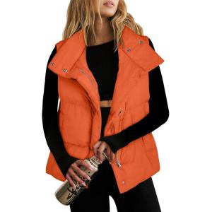 imageANRABESS Women Puffer Vest Sleeveless Zip Up Stand Collar Quilted Lightweight Jacket Winter Warm Puffer Padded Down OuterwearOrange