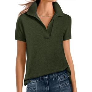 imageANRABESS Women Short Sleeve Sweater Wool Blend Polo V Neck Shirts Summer Dressy Top Business Casual Spring Vacation ClothesArmy Green