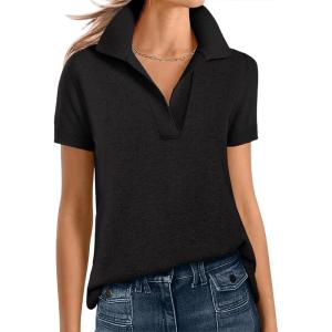 imageANRABESS Women Short Sleeve Sweater Wool Blend Polo V Neck Shirts Summer Dressy Top Business Casual Spring Vacation ClothesBlack