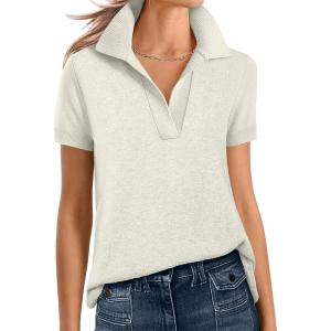 imageANRABESS Women Short Sleeve Sweater Wool Blend Polo V Neck Shirts Summer Dressy Top Business Casual Spring Vacation ClothesCream White