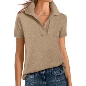 imageANRABESS Women Short Sleeve Sweater Wool Blend Polo V Neck Shirts Summer Dressy Top Business Casual Spring Vacation ClothesKhaki