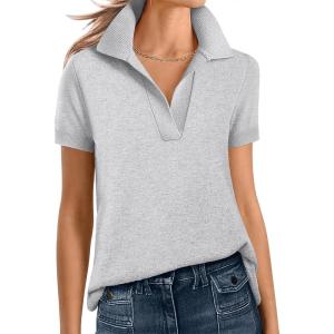imageANRABESS Women Short Sleeve Sweater Wool Blend Polo V Neck Shirts Summer Dressy Top Business Casual Spring Vacation ClothesLight Grey