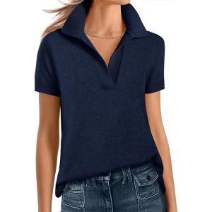 imageANRABESS Women Short Sleeve Sweater Wool Blend Polo V Neck Shirts Summer Dressy Top Business Casual Spring Vacation ClothesNavy Blue