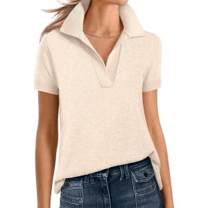 imageANRABESS Women Short Sleeve Sweater Wool Blend Polo V Neck Shirts Summer Dressy Top Business Casual Spring Vacation ClothesParchment