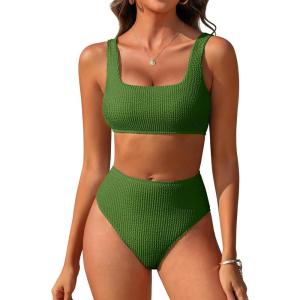 imageANRABESS Women Swimsuits Two Piece Bikini Set High Waisted Ribbed Tummy Control Modest Bathing Suits 2026 Beach Swim WearArmy Green