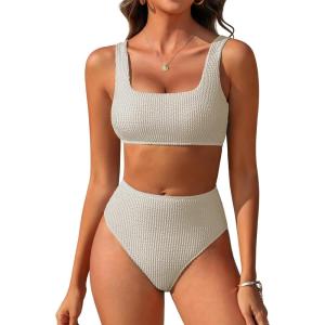 imageANRABESS Women Swimsuits Two Piece Bikini Set High Waisted Ribbed Tummy Control Modest Bathing Suits 2026 Beach Swim WearBeige