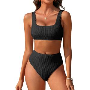 imageANRABESS Women Swimsuits Two Piece Bikini Set High Waisted Ribbed Tummy Control Modest Bathing Suits 2026 Beach Swim WearBlack
