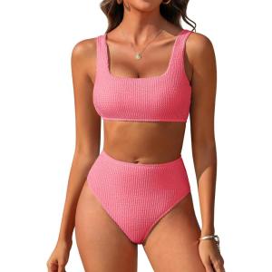 imageANRABESS Women Swimsuits Two Piece Bikini Set High Waisted Ribbed Tummy Control Modest Bathing Suits 2026 Beach Swim WearCoral Pink