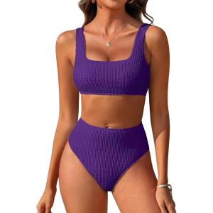 imageANRABESS Women Swimsuits Two Piece Bikini Set High Waisted Ribbed Tummy Control Modest Bathing Suits 2026 Beach Swim WearDark Purple