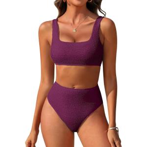 imageANRABESS Women Swimsuits Two Piece Bikini Set High Waisted Ribbed Tummy Control Modest Bathing Suits 2026 Beach Swim WearFuchsia
