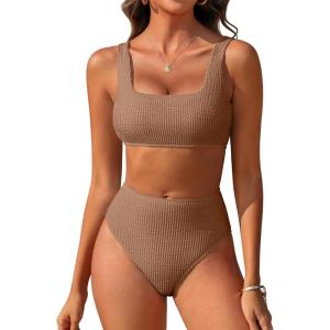 imageANRABESS Women Swimsuits Two Piece Bikini Set High Waisted Ribbed Tummy Control Modest Bathing Suits 2026 Beach Swim WearLight Brown