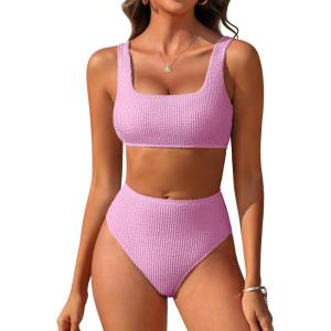 imageANRABESS Women Swimsuits Two Piece Bikini Set High Waisted Ribbed Tummy Control Modest Bathing Suits 2026 Beach Swim WearLight Pink