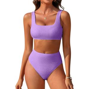 imageANRABESS Women Swimsuits Two Piece Bikini Set High Waisted Ribbed Tummy Control Modest Bathing Suits 2026 Beach Swim WearLight Purple