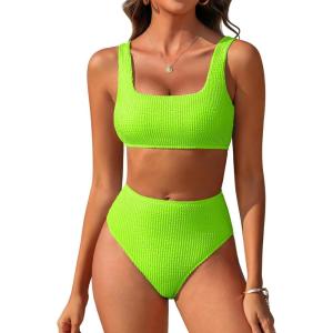 imageANRABESS Women Swimsuits Two Piece Bikini Set High Waisted Ribbed Tummy Control Modest Bathing Suits 2026 Beach Swim WearNeon Green