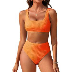 imageANRABESS Women Swimsuits Two Piece Bikini Set High Waisted Ribbed Tummy Control Modest Bathing Suits 2026 Beach Swim WearNeon Orange