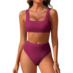 imageANRABESS Women Swimsuits Two Piece Bikini Set High Waisted Ribbed Tummy Control Modest Bathing Suits 2026 Beach Swim WearPurple Red
