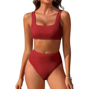 imageANRABESS Women Swimsuits Two Piece Bikini Set High Waisted Ribbed Tummy Control Modest Bathing Suits 2026 Beach Swim WearRed