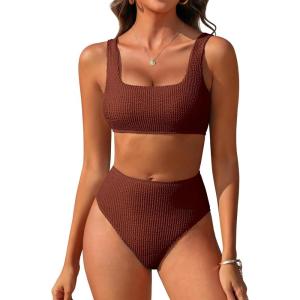 imageANRABESS Women Swimsuits Two Piece Bikini Set High Waisted Ribbed Tummy Control Modest Bathing Suits 2026 Beach Swim WearRed Brown