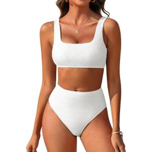 imageANRABESS Women Swimsuits Two Piece Bikini Set High Waisted Ribbed Tummy Control Modest Bathing Suits 2026 Beach Swim WearWhite