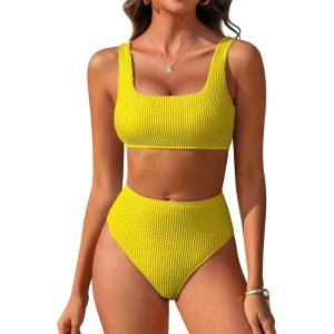 imageANRABESS Women Swimsuits Two Piece Bikini Set High Waisted Ribbed Tummy Control Modest Bathing Suits 2026 Beach Swim WearYellow