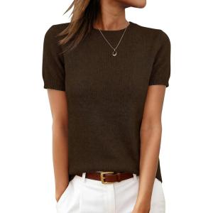 imageANRABESS Womens 100 Wool Short Sleeve Summer Sweaters Dressy Casual Blouse Work Office Top 2026 Spring Vacation ClothesBrown