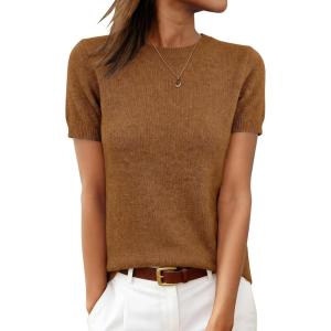 imageANRABESS Womens 100 Wool Short Sleeve Summer Sweaters Dressy Casual Blouse Work Office Top 2026 Spring Vacation ClothesCaramel