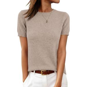 imageANRABESS Womens 100 Wool Short Sleeve Summer Sweaters Dressy Casual Blouse Work Office Top 2026 Spring Vacation ClothesKhaki