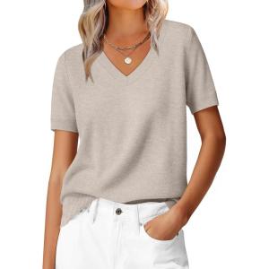 imageANRABESS Womens 100 Wool Sweaters Short Sleeve V Neck Tops Business Casual Outfits 2026 Spring Summer Work ClothesApricot
