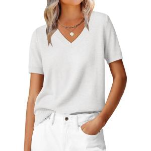 imageANRABESS Womens 100 Wool Sweaters Short Sleeve V Neck Tops Business Casual Outfits 2026 Spring Summer Work ClothesBeige