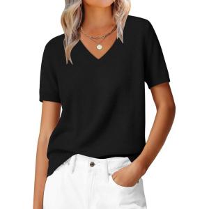 imageANRABESS Womens 100 Wool Sweaters Short Sleeve V Neck Tops Business Casual Outfits 2026 Spring Summer Work ClothesBlack