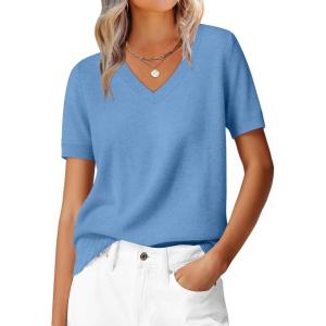 imageANRABESS Womens 100 Wool Sweaters Short Sleeve V Neck Tops Business Casual Outfits 2026 Spring Summer Work ClothesBlue