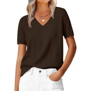 imageANRABESS Womens 100 Wool Sweaters Short Sleeve V Neck Tops Business Casual Outfits 2026 Spring Summer Work ClothesBrown