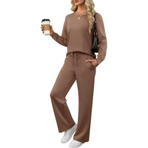 imageANRABESS Womens 2 Piece Lounge Sets Casual Travel Outfits Wide Leg Tracksuit Sweatsuits Matching Set 2026 Fall ClothesBrown