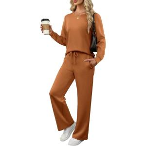 imageANRABESS Womens 2 Piece Lounge Sets Casual Travel Outfits Wide Leg Tracksuit Sweatsuits Matching Set 2026 Fall ClothesCaramel