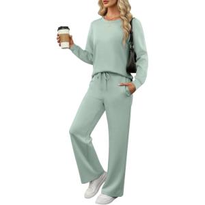 imageANRABESS Womens 2 Piece Lounge Sets Casual Travel Outfits Wide Leg Tracksuit Sweatsuits Matching Set 2026 Fall ClothesGreen