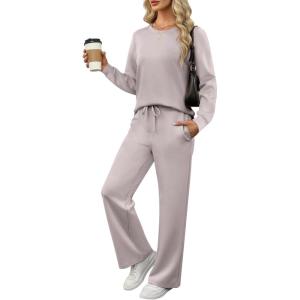 imageANRABESS Womens 2 Piece Lounge Sets Casual Travel Outfits Wide Leg Tracksuit Sweatsuits Matching Set 2026 Fall ClothesLight Khaki