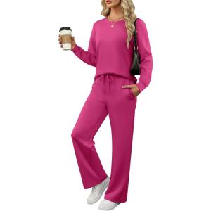 imageANRABESS Womens 2 Piece Lounge Sets Casual Travel Outfits Wide Leg Tracksuit Sweatsuits Matching Set 2026 Fall ClothesRose Red