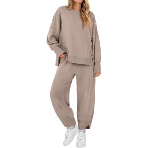 imageANRABESS Womens 2 Piece Outfits Sweatsuits Oversized Sweatshirts Barrel Pants Matching Lounge Sets 2025 Fall Travel ClothesKhaki