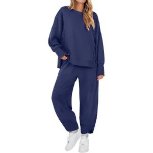imageANRABESS Womens 2 Piece Outfits Sweatsuits Oversized Sweatshirts Barrel Pants Matching Lounge Sets 2025 Fall Travel ClothesNavy Blue