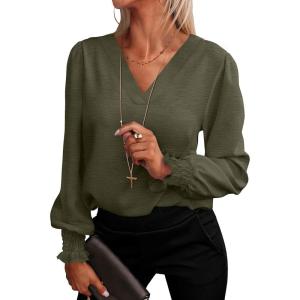 imageANRABESS Womens Business Casual Tops V Neck Puff Long Sleeve Shirts Dressy Office Work Blouse 2026 Fall Outfits ClothesArmy Green